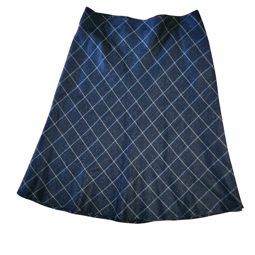 Lands End A-Line Skirt Womens 12 Navy Blue Plaid Wool Blend Lined Knee Length